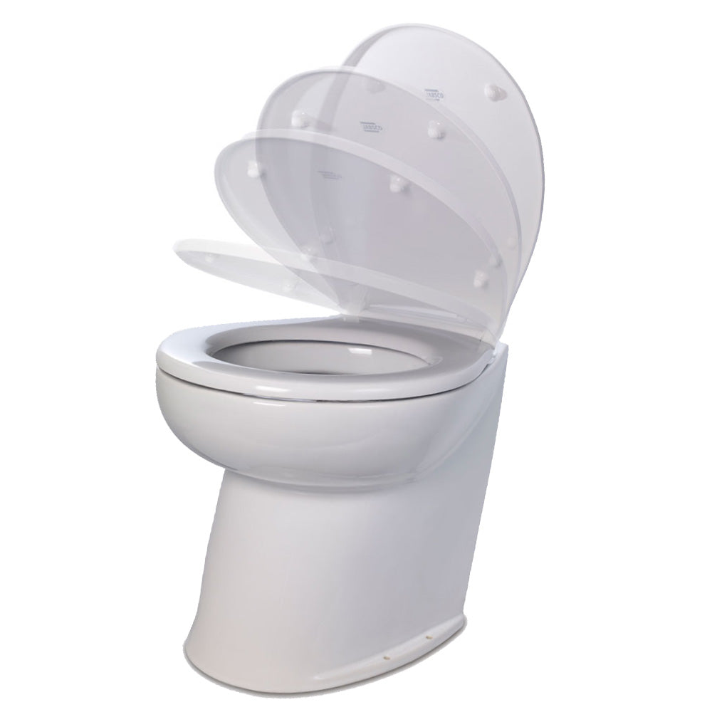 Jabsco Deluxe Flush 17 Angled Back 24V Raw Water Electric Marine Toilet wRemote Rinse Pump  Soft Close Lid 582203024